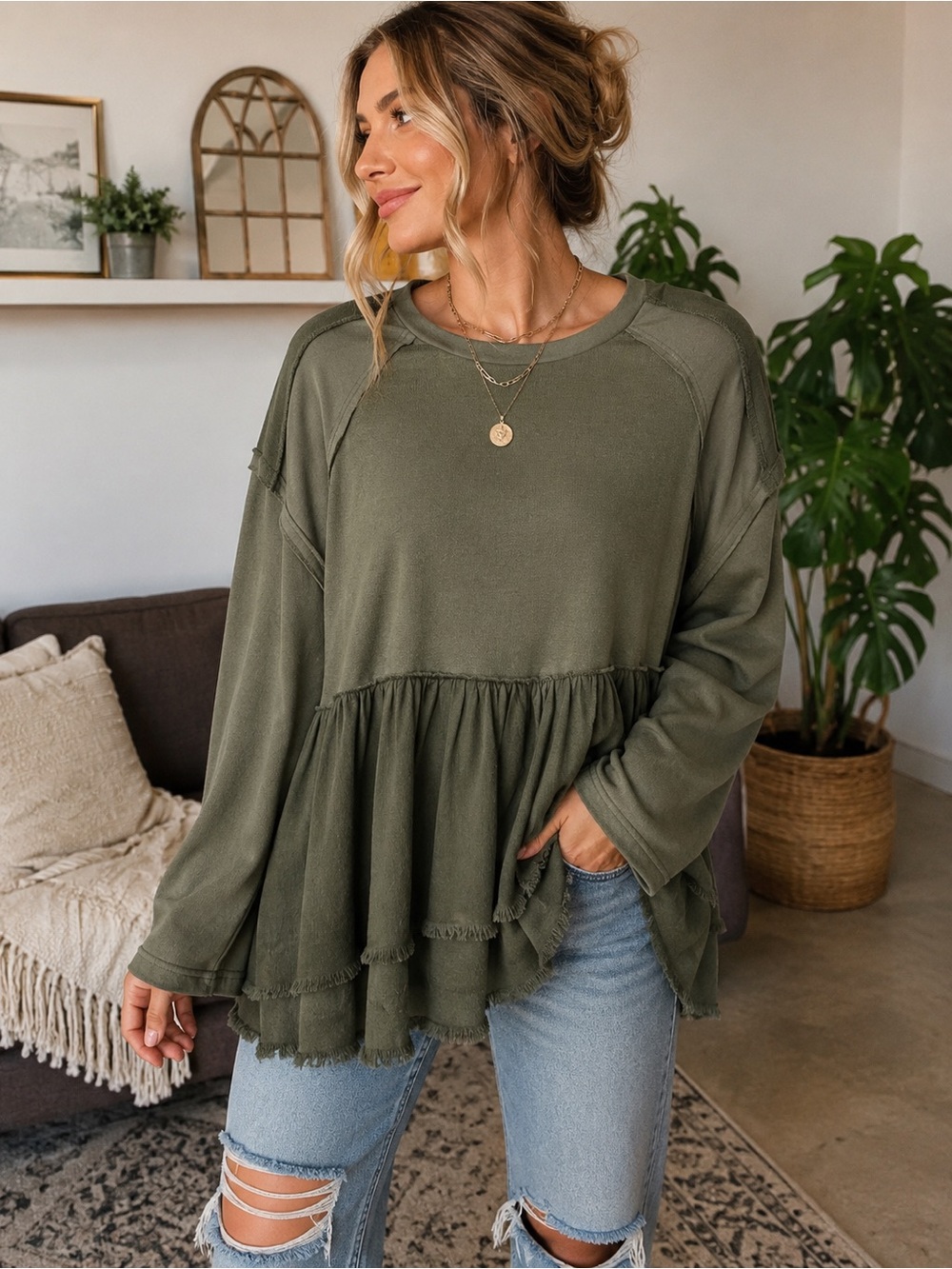 Umgee Olive Green Layered Babydoll Top Boho Raw Hem Blouse Size Small (v1)